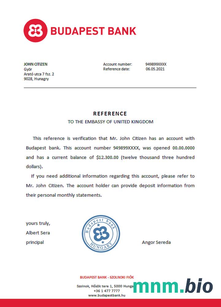 Hungary Budapest Bank reference example in Word and PDF formats